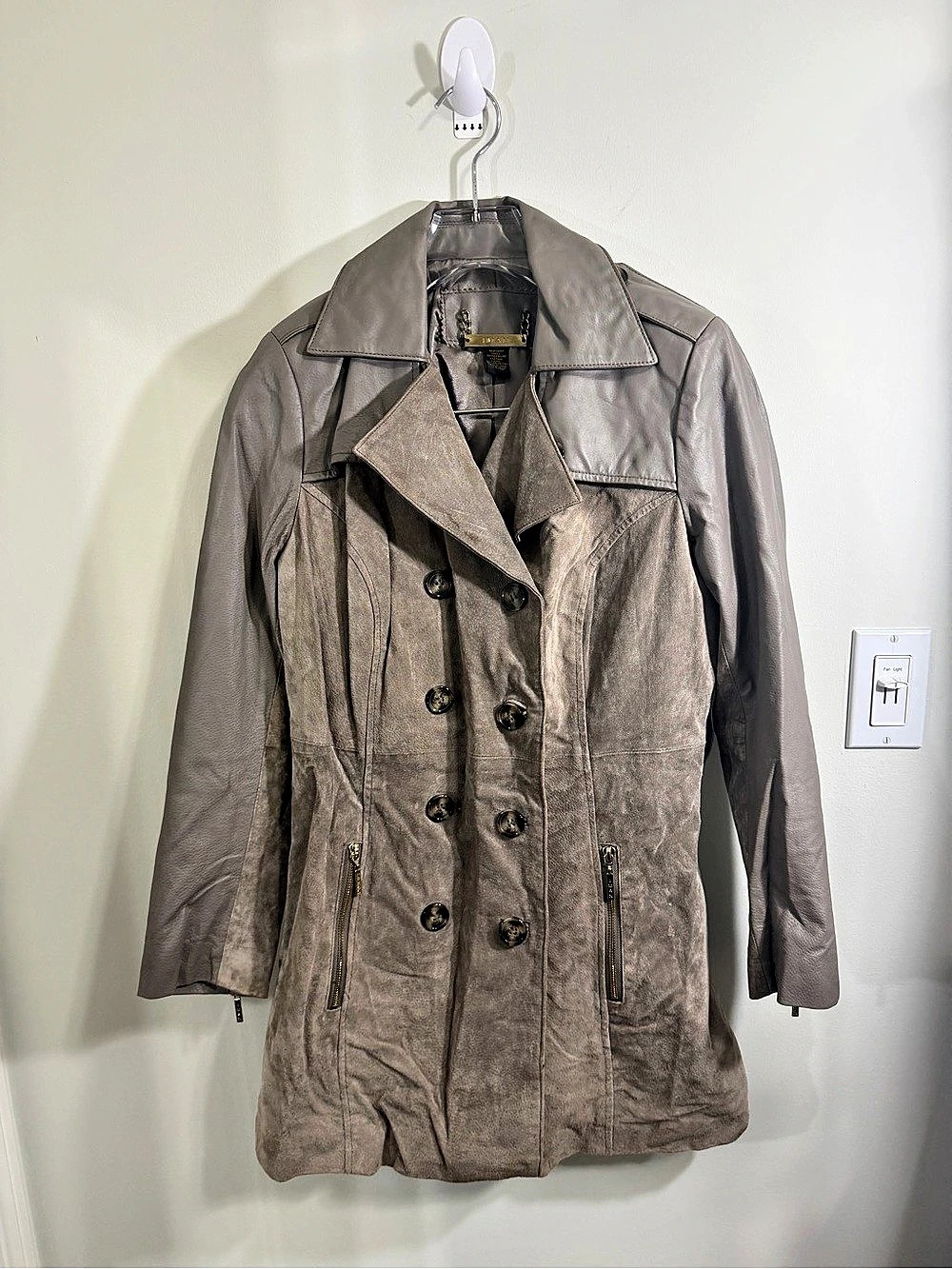 NWOT IMAN Suede Leather Trench Coat Gray Taupe S Y2K Mixed Media Leather & Suede